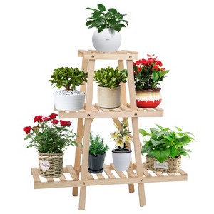 iMountek"3-Tier Wooden Plant Stand, Triangle Ladder Design, 82lbs Max Load for Indoor & Outdoor Display"Wooden - 1 of 4