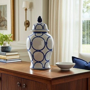 Decorative Ceramic Temple Jar for Living Room Decor - Stylish Home Decor for Bedroom, Office, and Table Centerpiece - Blue & White - 1 of 4