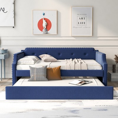 Upholstered Daybed With Trundle, Upholstered Frame, Wood Slat Support Twin Daybed Frame, No Box Spring Required For Living Room, Office, Bedroom