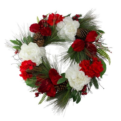 Northlight Peony and Amaryllis Twig Artificial Floral Wreath, Red 24-Inch