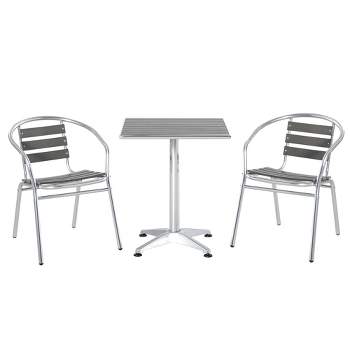 Outsunny 3 Piece Outdoor Patio Bistro Set, Slatted Aluminum Bistro Table, and Chairs, Composite Dining Table, Silver