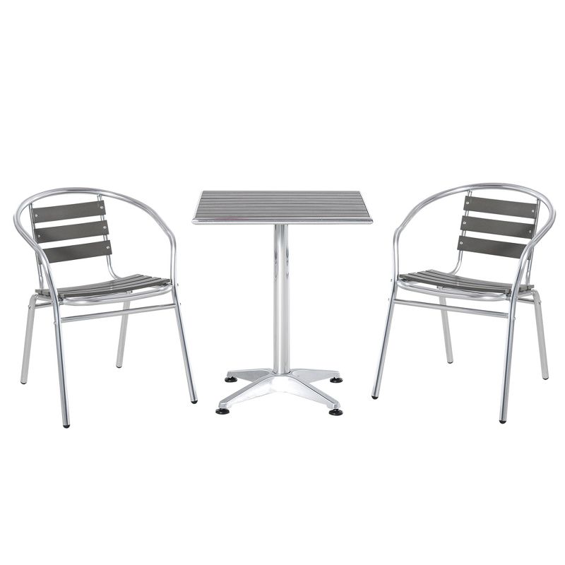 Outsunny 3 Piece Outdoor Patio Bistro Set, Slatted Aluminum Bistro Table, and Chairs, Composite Dining Table, Silver, 1 of 8