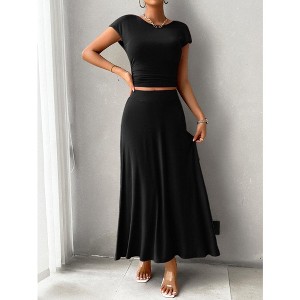 Women's 2 Piece Summer Outfits Dressy Casual Knit Short Sleeve Crop Top High Waist Midi Skirt Set - 1 of 4