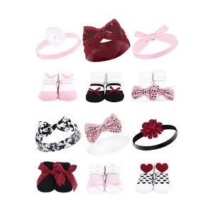 Hudson Baby Infant Girl 12Pc Headband and Socks Giftset, Pink Sequin Red Sequin, One Size - 1 of 3