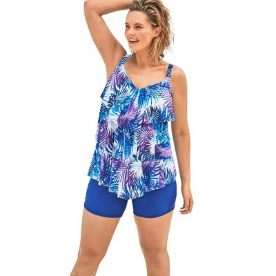 Swim 365 Women's Plus Size Split-Neck Short Sleeve Swim Tee With Built-In  Bra - 28, Blue