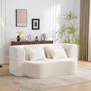 Queen Size Plush Fabric High-Density Foam Modern Floor Sofa with 4 Pillows, Folding Futon Sofa Couch, No Assembly Required - 1 of 4