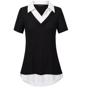 BLUEMING Womens Summer T-Shirts V Neck Faux Layering Shirts Color Block Polo Shirts Plaid Teacher Shirts - 1 of 4
