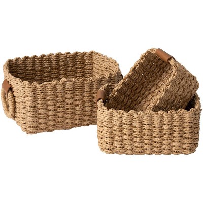 Attop Small Wicker Baskets for Organizing, Recycled Paper Rope Storage Basket for Shelves , Decorative Square Basket Organizer Set of 3