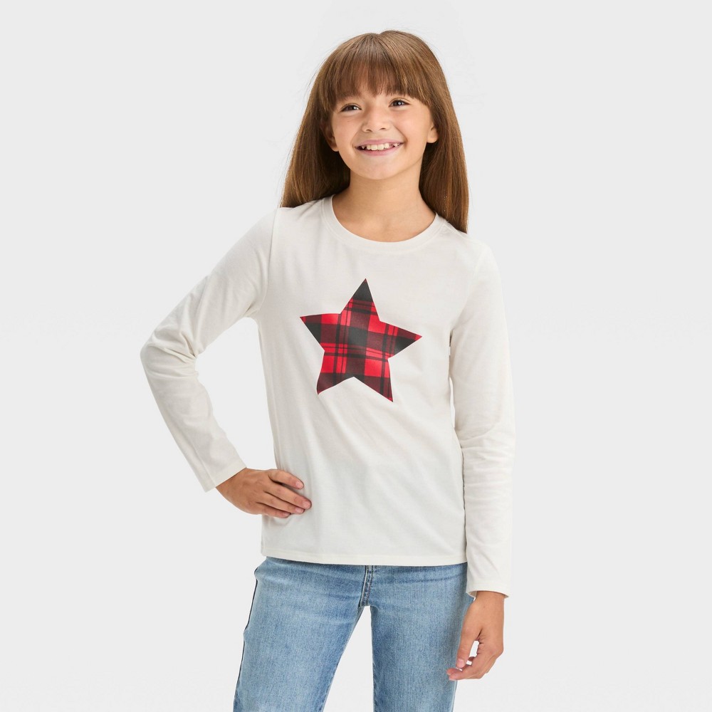 Girls' Long Sleeve Plaid Star Graphic T-Shirt - Cat & Jack™ Cream XXL/ 6 Count 