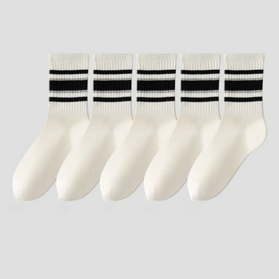 Anna-Kaci Women's 5-Pack Crew Socks Set with Ribbed Knit Texture and Classic Double Stripe Design