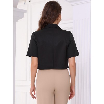 INSPIRE CHIC Women's Business Casual Short Sleeve One Button Notched Collar Work Cropped Blazer Black Small — фото 3
