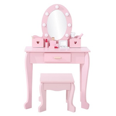 GustoWave Kids Vanity with Mirror and Stool, Girls Vanity with Touch Light and Wood Makeup Playset, Princess Vanity Table for Toddlers