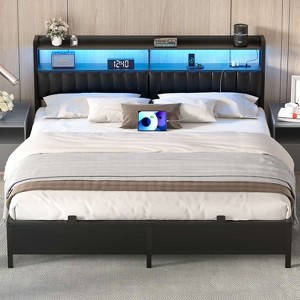 Besiost Bed Frame with Upholstered Storage Headboard, Bedframe with Charging Station and LED Light - 1 of 4