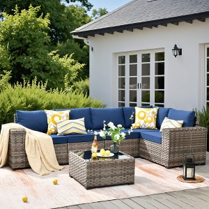 XIZZI Modular Sectional Patio Set with Convertible Corner Sofa, 3.54" Thickened Cushions & 7.68" Wide Armrests, Outdoor Conversation Sofa in 7 Colors - 1 of 4