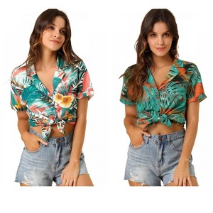 Allegra K Women's Hawaiian Floral Leaves Printed Short Sleeve Button Down Vintage Shirt 2 Pcs - 1 of 4