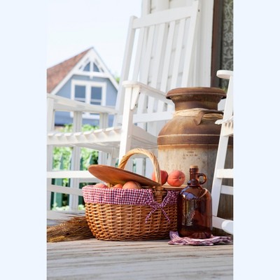 Navy Blue and White Stripe Wicker Picnic Basket with Wooden Lid