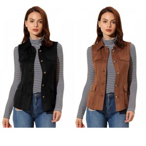 INSPIRE CHIC Women's Buttoned Sleeveless Faux Suede Utility Vest with Cargo Pocket 2 Packs - 1 of 4
