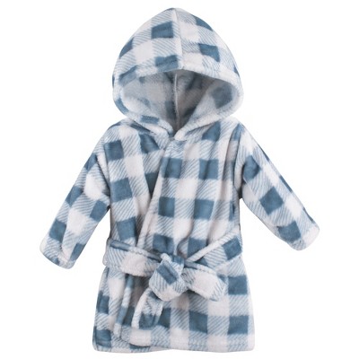 Hudson Baby Infant Boy Plush Animal Face Bathrobe, Blue Plaid, 0-9 Months