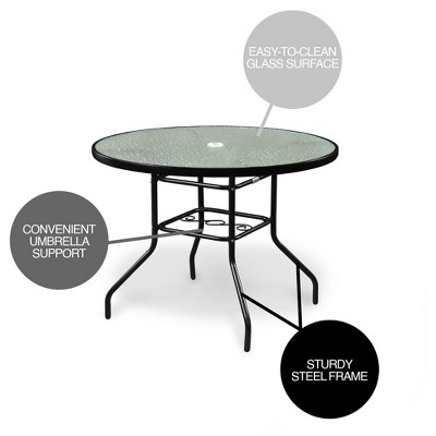 Black Steel Round Patio Dining Table with Wavy Glass Top