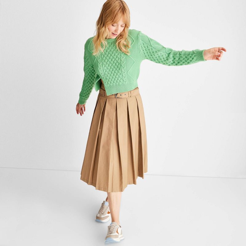 Women's Belt Buckle Pleated Midi Skirt - Future Collective™ with Reese Blutstein Tan, 3 of 10