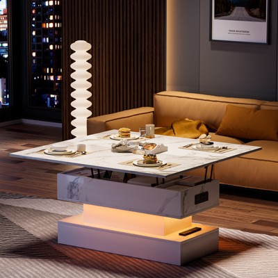 Led Lift Top Coffee Table For Living Room With Storage and Charging Station