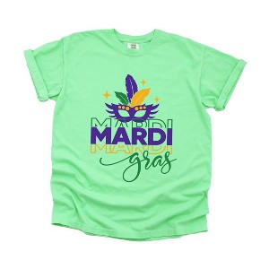 Simply Sage Market Women's Mardi Gras Mask Stacked Short Sleeve Garment Dyed Tee - 1 of 4