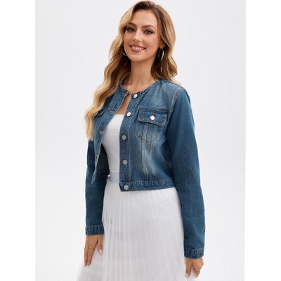 Женские куртки INSPIRE CHIC Women's Denim Collarless Button Down Chest Pocket Long Sleeve Jean Jackets Blue Medium — фото 2