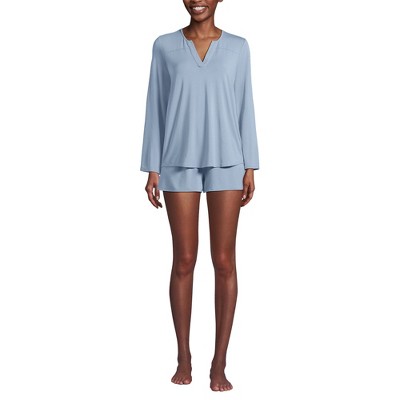 Lands' End Women's Cooling 2 Piece Pajama Set - Long Sleeve Flowy Shirt and Shorts