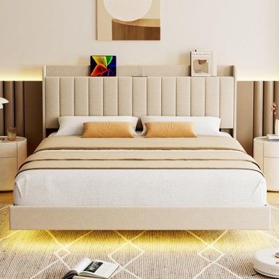 Whizmax King/Queen/Full Size Floating Bed Frame with LED Lights, Upholstered Platform Full Bed Frame with Charging Station, No Box Spring Needed,Gray