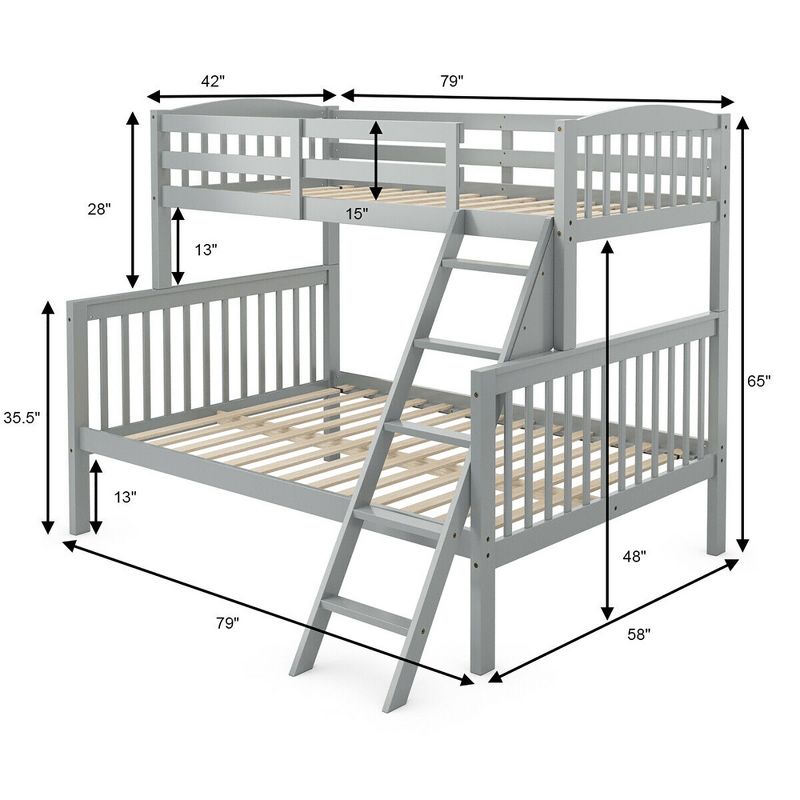Costway Twin over Full Bunk Bed Rubber Wood Convertible with Ladder Guardrail, 2 of 11