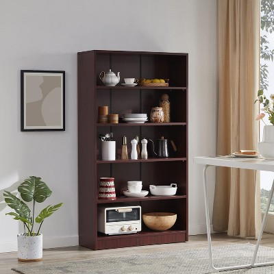 FURNIinspire Decorative Bookshelf 5 Shelf Office Bookcase, Modern Wood Bookshelf, Organizer For Living Room, Mahogany Brown, 11.6"*33"*59.8"