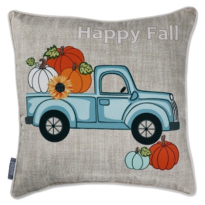 18"x18" Happy Fall Truck Square Throw Pillow Tan - Pillow Perfect: Reversible, UV-Rated, for Indoor Use