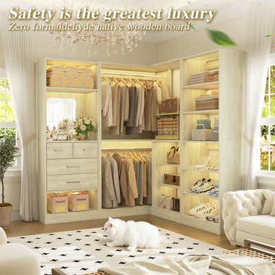 Aheaplus Corner Closet System with Mirror and Drawers, Wardrobe Organizer with Hanging Rods