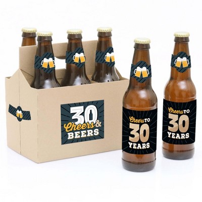 Big Dot of Happiness Cheers and Beers to 30 Years - 30th Birthday Party Decorations for Women and Men - 6 Beer Bottle Label Stickers and 1 Carrier