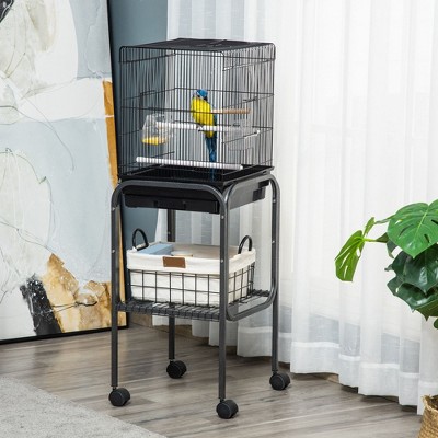 Black Metal Indoor Bird Cage with Rolling Stand and Storage Basket