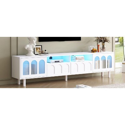 NicBex TV Stand for 80 Inch TV with Fluted Tempered Glass Doors,TV Entertainment Center with LED Lights,Modern TV Console Table for Living Room