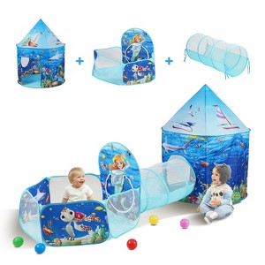 VEVOR 3 in 1 Kids Play Tent with Tunnel, Basketball Hoop for Boys, Girls, Babies and Toddlers, Indoor/Outdoor Pop Up Playhouse, Blue - 1 of 4