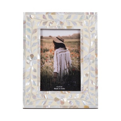 Mother of Pearl Picture Frame - Handcrafted Resin Wood Coastal Decorative Photo Frame for Home, Office, Bedroom, Living Room - 9" Ivory & Tan