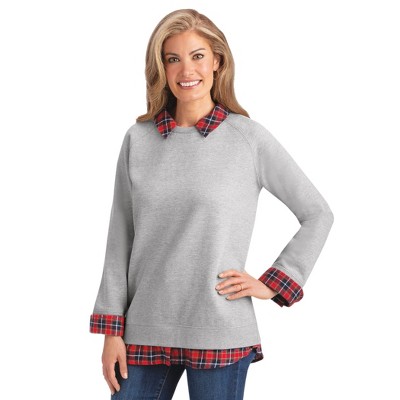 Collections Etc Long Sleeve Fleece and Flannel Layered Look Top