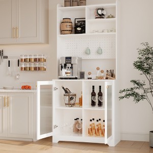 71" Tall Sideboard Buffet Cabinet with Hutch - 6-Tier Pantry Cabinet with 2 Glass Doors, Pegboard, Microwave Shelf, Open Shelves, Coffee Bar Station - 1 of 4