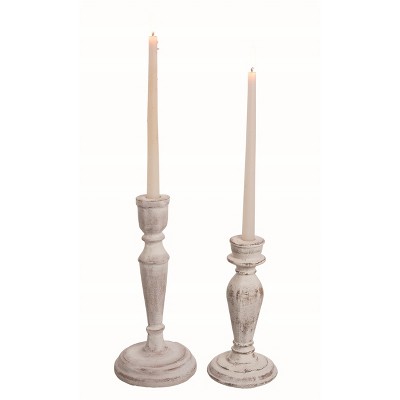 Transpac Stone White Harvest Wash Taper Candle Holder Set of 2