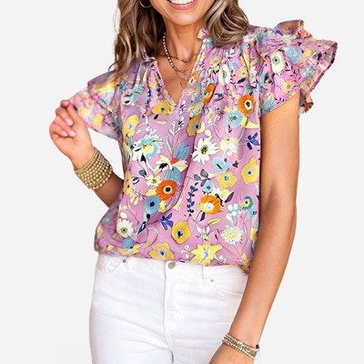 Amaryllis Women’s Floral Print Ruffle Sleeve Blouse Lightweight V-Neck Shirred Detail Breezy Fit Spring Blouse- Medium ,Pink