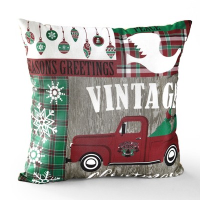 Lakeside Vintage Truck Christmas Accent Throw Pillow with Patchwork Motif