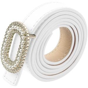 INSPIRE CHIC Women's Faux Leather Thin Belt Ladies Belt with Pearl Rhinestone Buckle for Jeans Pants - 1 of 4