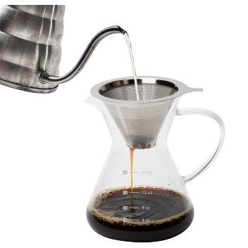 Mind Reader 16 oz Pour Over Coffee Maker with Reusable Stainless Steel Drip Filter and Elegant Heat Resistant Dripper Glass Carafe, Clear