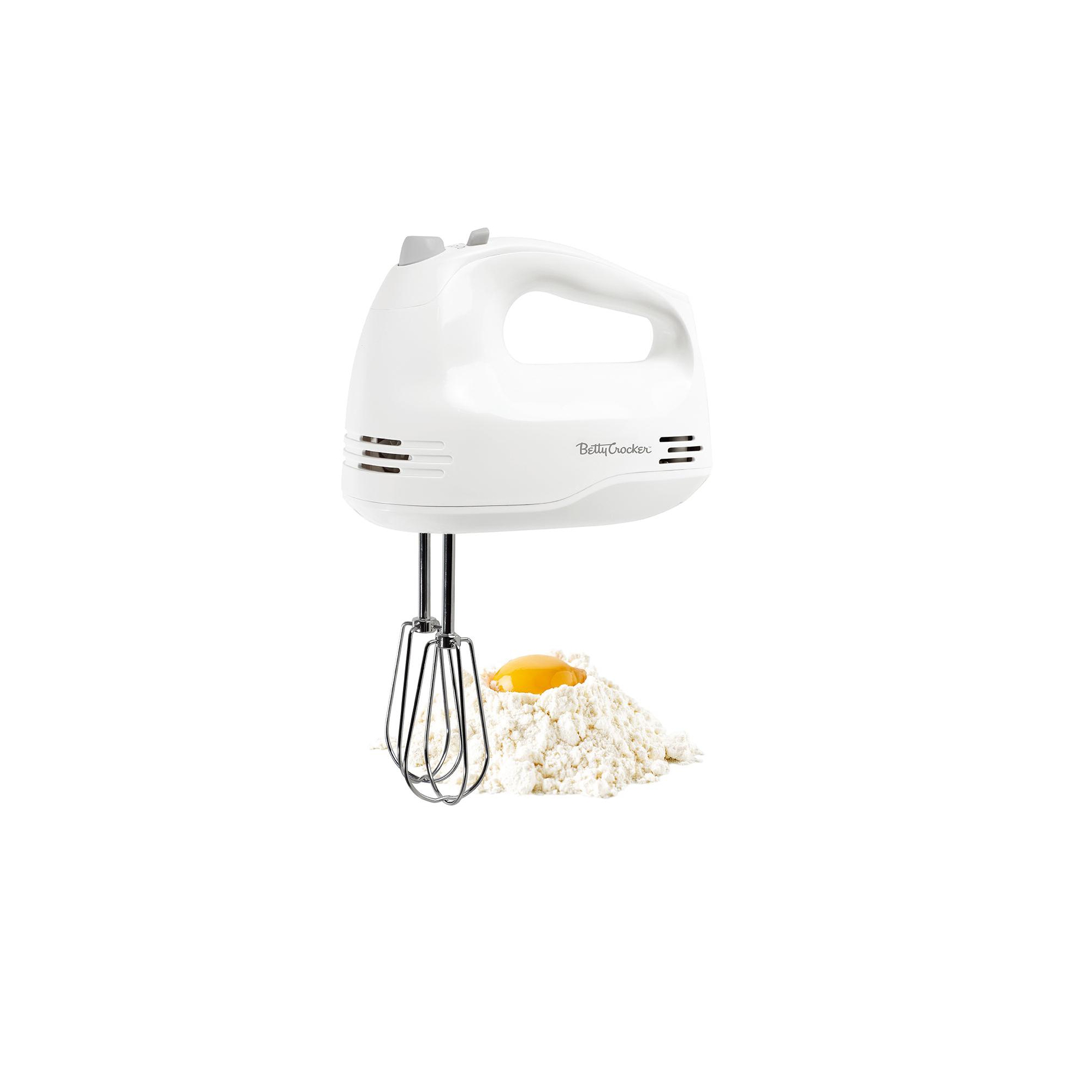 Betty Crocker 5-Speed Hand Mixer, 150 Watts Power, Easy-Clean Chrome Plate Beaters, Beater Eject Button, Heel Rest, BC-4203WT, White