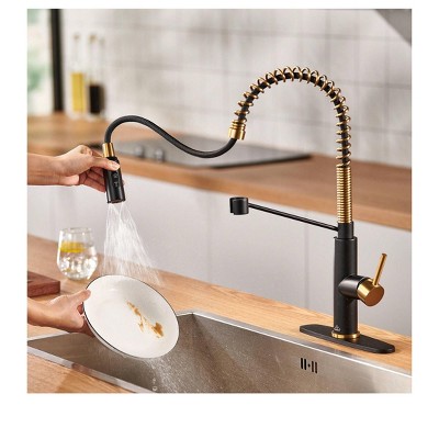 Matte Black and Brushed Gold Pull Down Kitchen Faucet