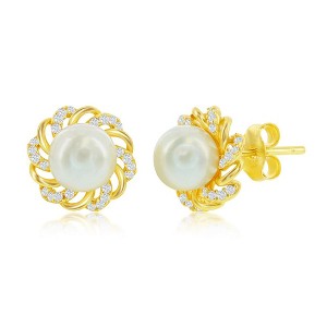 Bella Silver Sterling Silver CZ Flower w/ 7mm Round FWP Stud Earrings - Gold Plated - Gold - 1 of 2