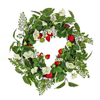 National Tree Company Artificial Spring Wreath, Woven Branch Base, Decorated with Strawberries, Petunia Blooms, Leafy Greens, Spring Collection, 22