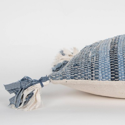 Blue and Ivory Striped Recycled Denim Lumbar Pillow with Tassels
